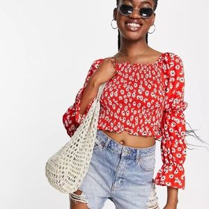 QED London Shirred Top in Red Floral Print